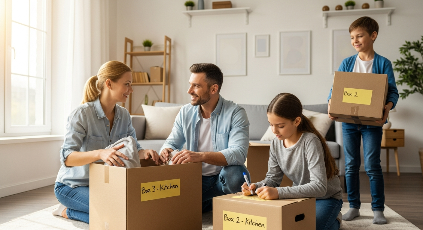 Family packing labeled cardboard moving boxes for an international move