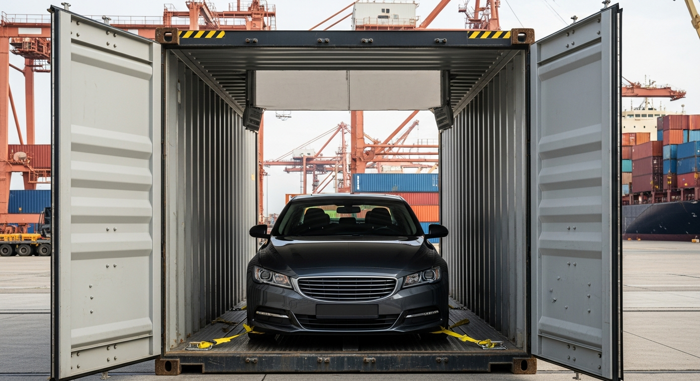 A car being secured inside a shipping container at port