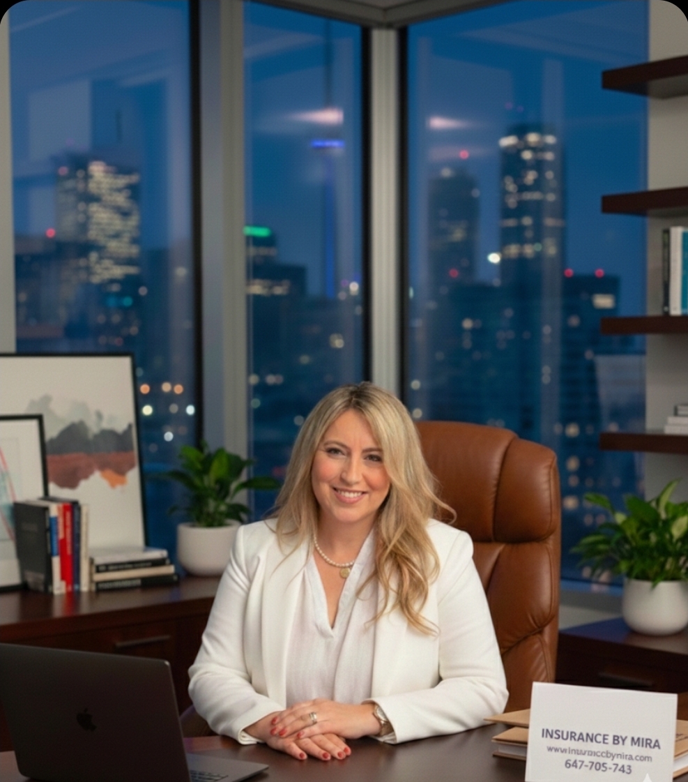 Mira at her Toronto office desk with the city skyline at night behind her