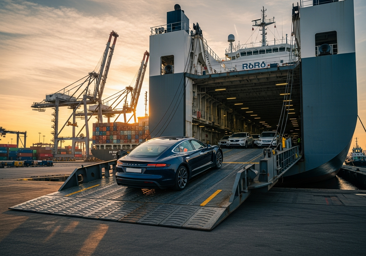 A vehicle driving onto a RoRo cargo vessel at port